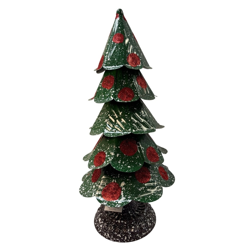 Large Metal Christmas Tree Tabletop Decor Green Red Glitter Polka Dot 18.5 Inch